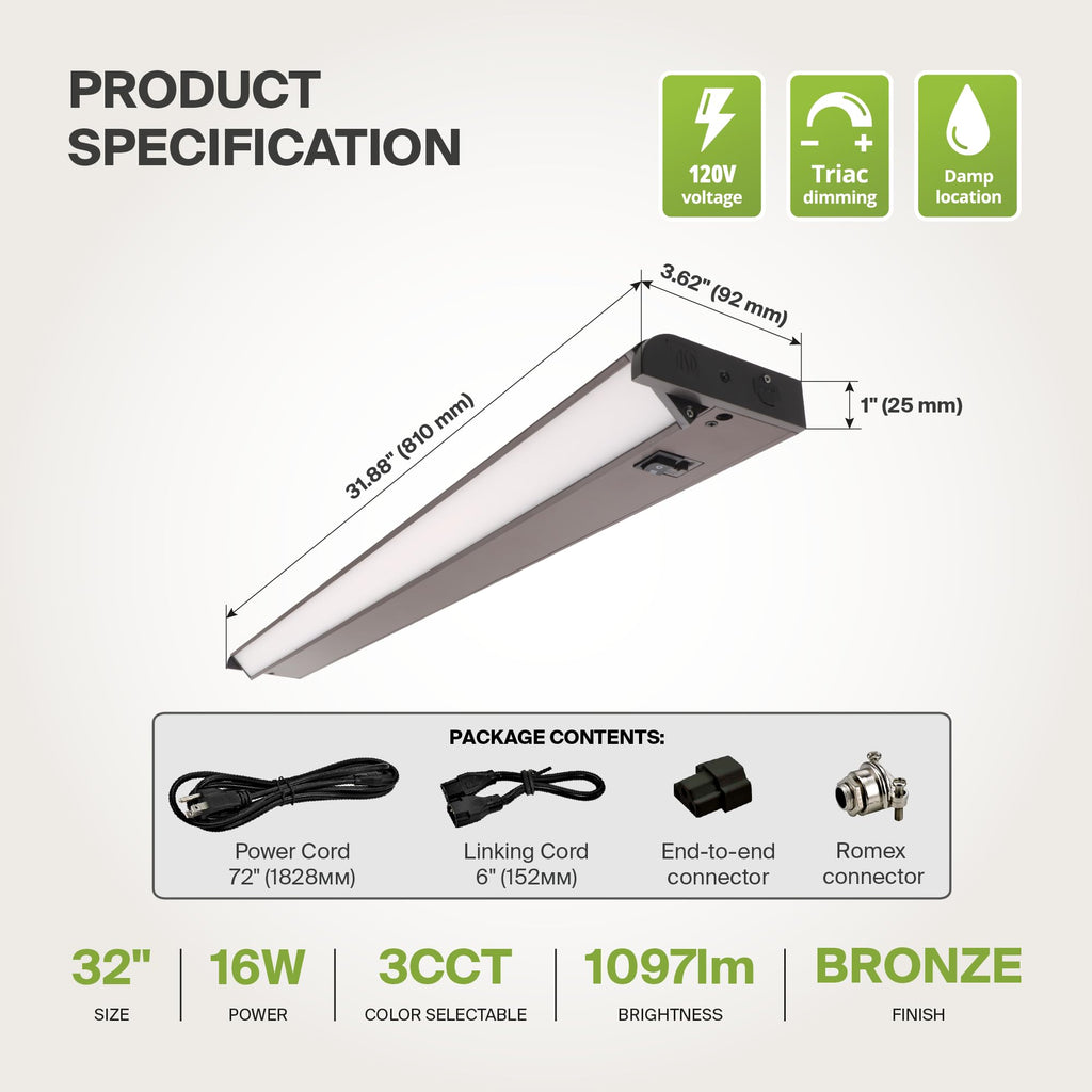 Bronze Swivel LED Under Cabinet Light, 32 Inch 16W, Plug in/Hardwired