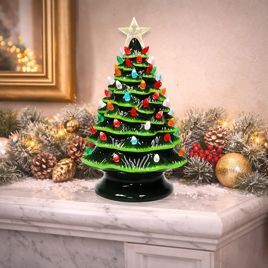 Ceramic Christmas Tree 14"H by LED Lighted Vintage Inspired Tabletop Décor with Multicolor Bulbs Star Battery