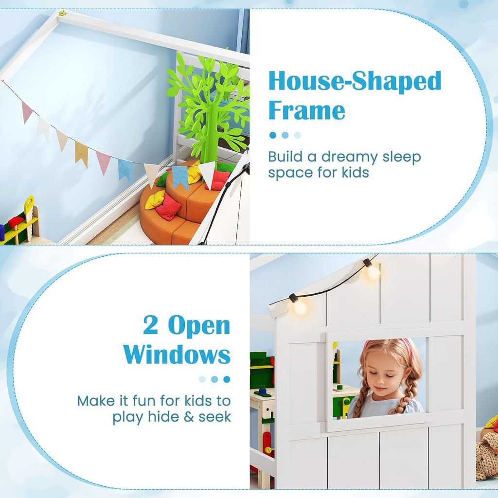 Twin Kids House Bed with Light Bulbs, Wooden Montessori Floor Bed Frame with Roof & Windows, Twin Floor Bed for Kids