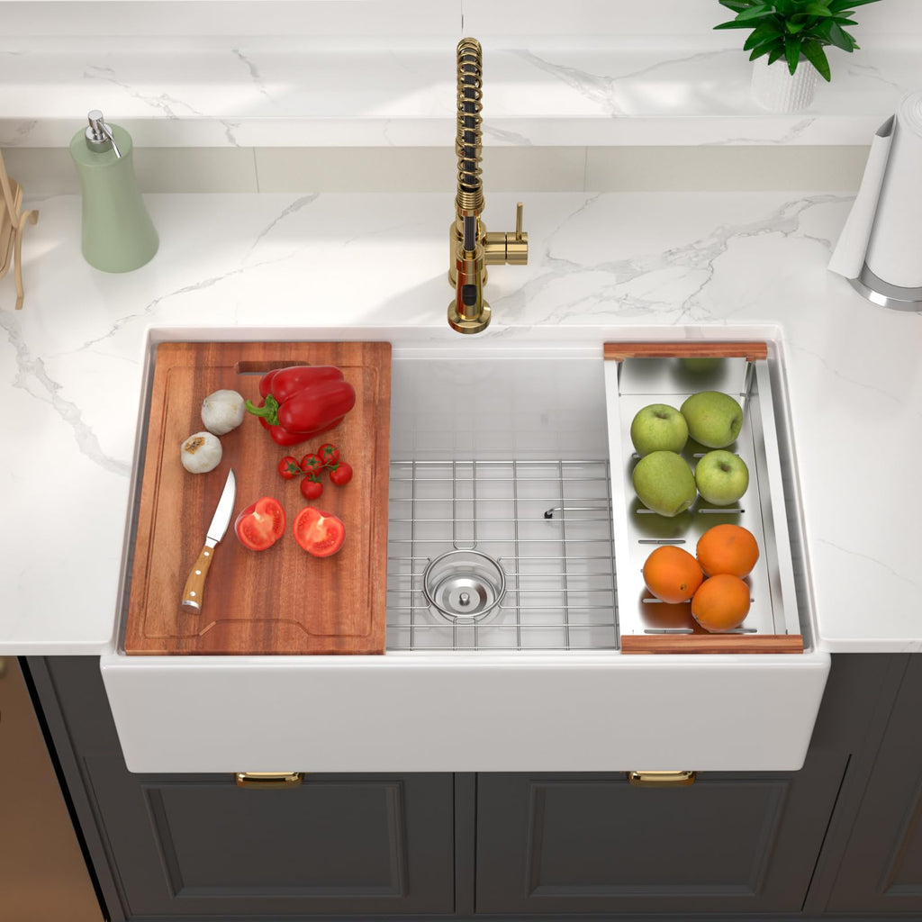 33 Inch White Farmhouse Kitchen Sink Workstation 33x20x10 Inch