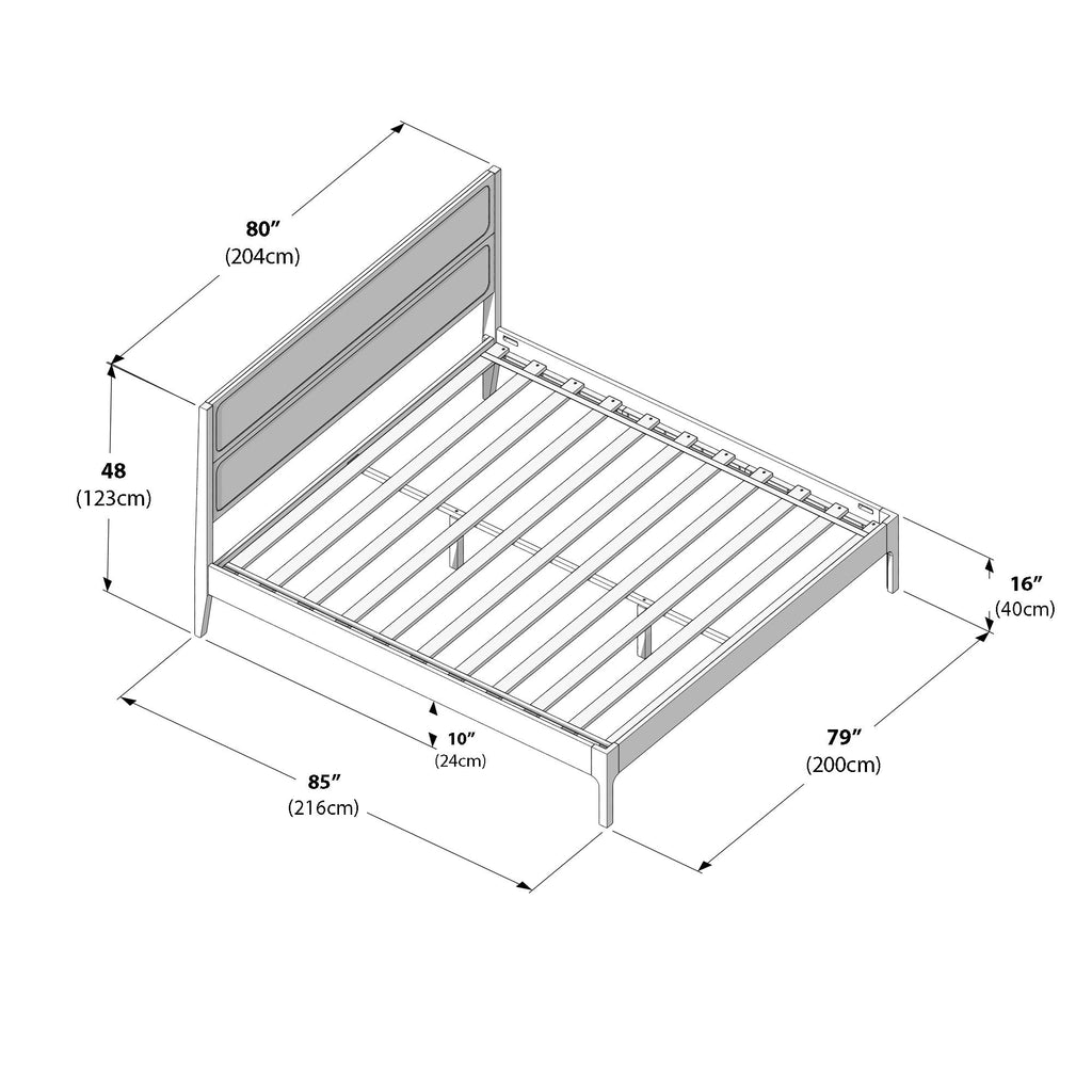 Elio Solid Pine Bed with Rattan Headboard, No Box Spring Needed, Wood Slat Roll Support, Metal Center Bar