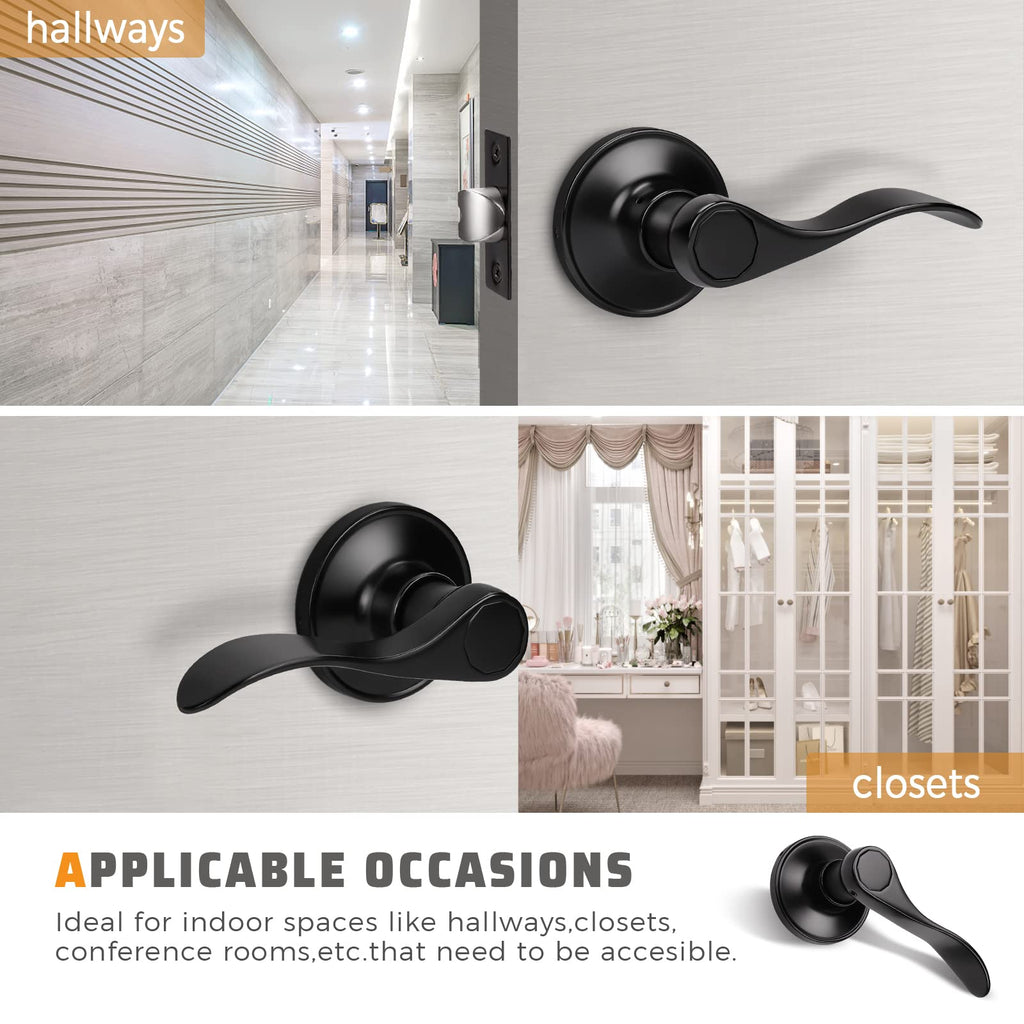 10 Pack Matte Black Finish Keyless Interior Door Handle, Classic Passage Door Lever Closet, Non-Locking Wave Style