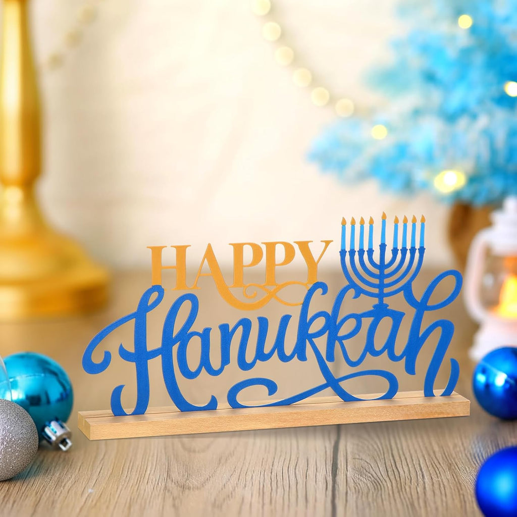 Metal Happy Hanukkah Table Decoration Sign with Wooden Base