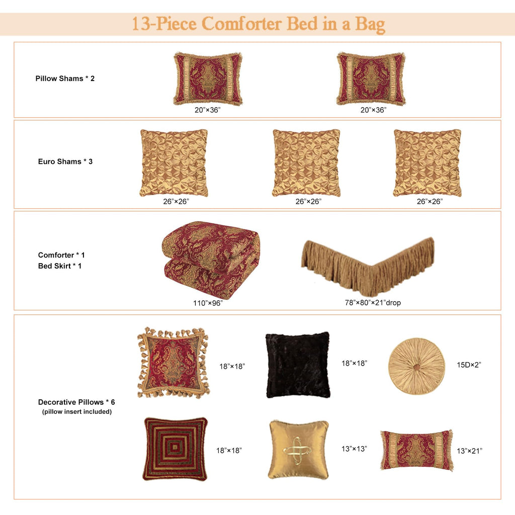13-Piece Jacquard Comforter Set, King Bedding Set, Red
