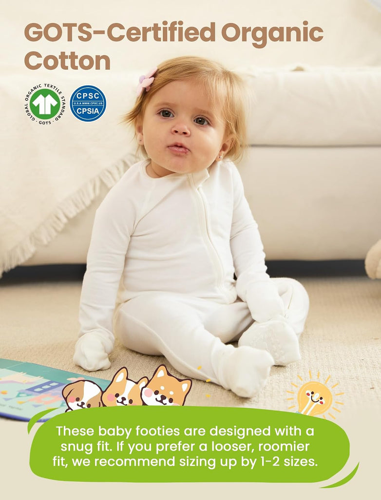 Organic Cotton Baby Footie Pajamas with Two-Way Zipper & Mittens