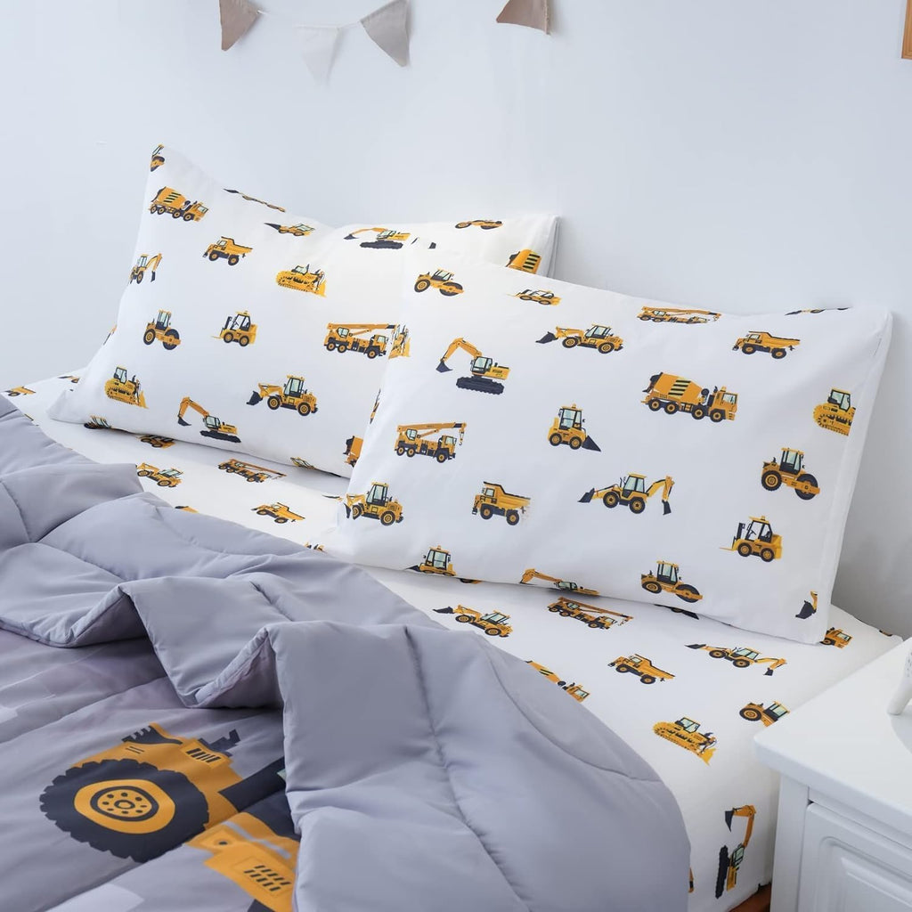 Full Comforter Set for Boys, 5-Piece Bed in a Bag, 3D Construction Bedding Comforter Sheet Set, Ultra Soft and