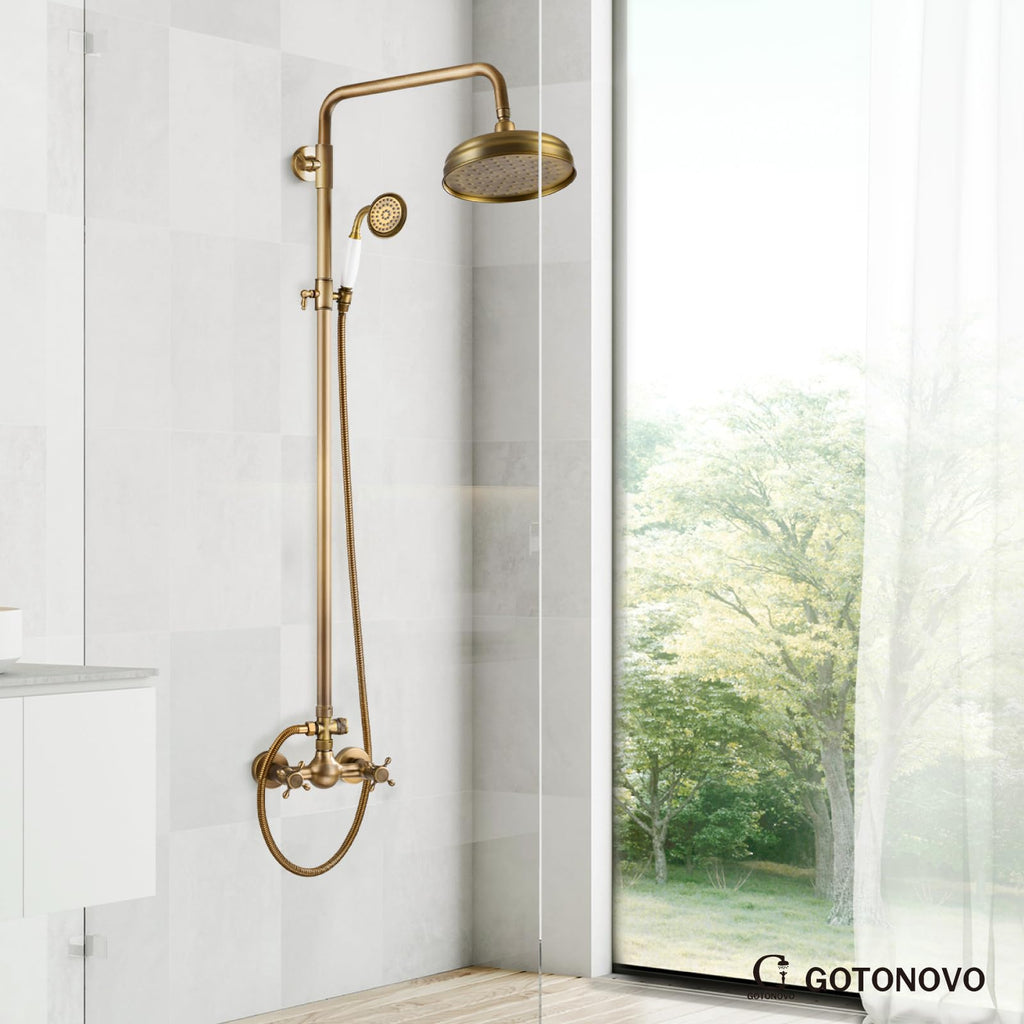 Exposed Shower Faucet Set Luxury,Antique Brass,Straight Rod