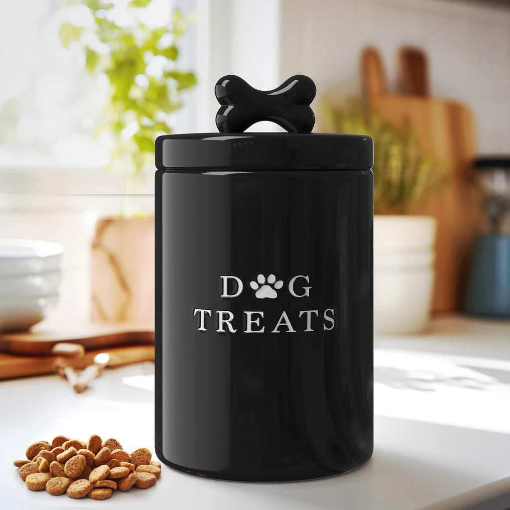 Ceramic Dog Treat Container with Airtight Lid (Black)