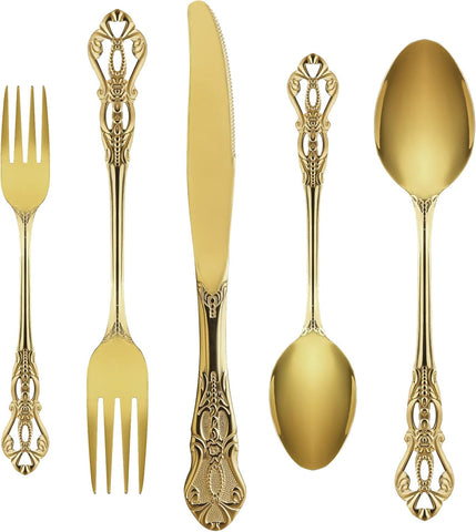 Gold Silverware Set for 8, Stainless Steel Gorgeous Retro Royal Flatware, 40-Pieces Cutlery Tableware