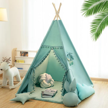 Teepee Tent for Kids with Mat, Star Lights, Carry Case, Cotton Canvas Playhouse, Foldable Tents, Portable Children