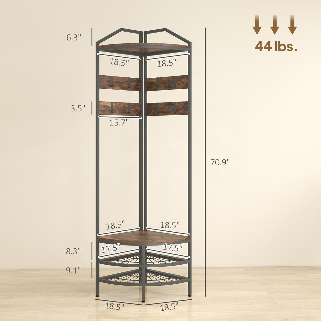Corner Hall Tree, 4-Tier Coat Rack with Shoe Storage, Rustic Brown