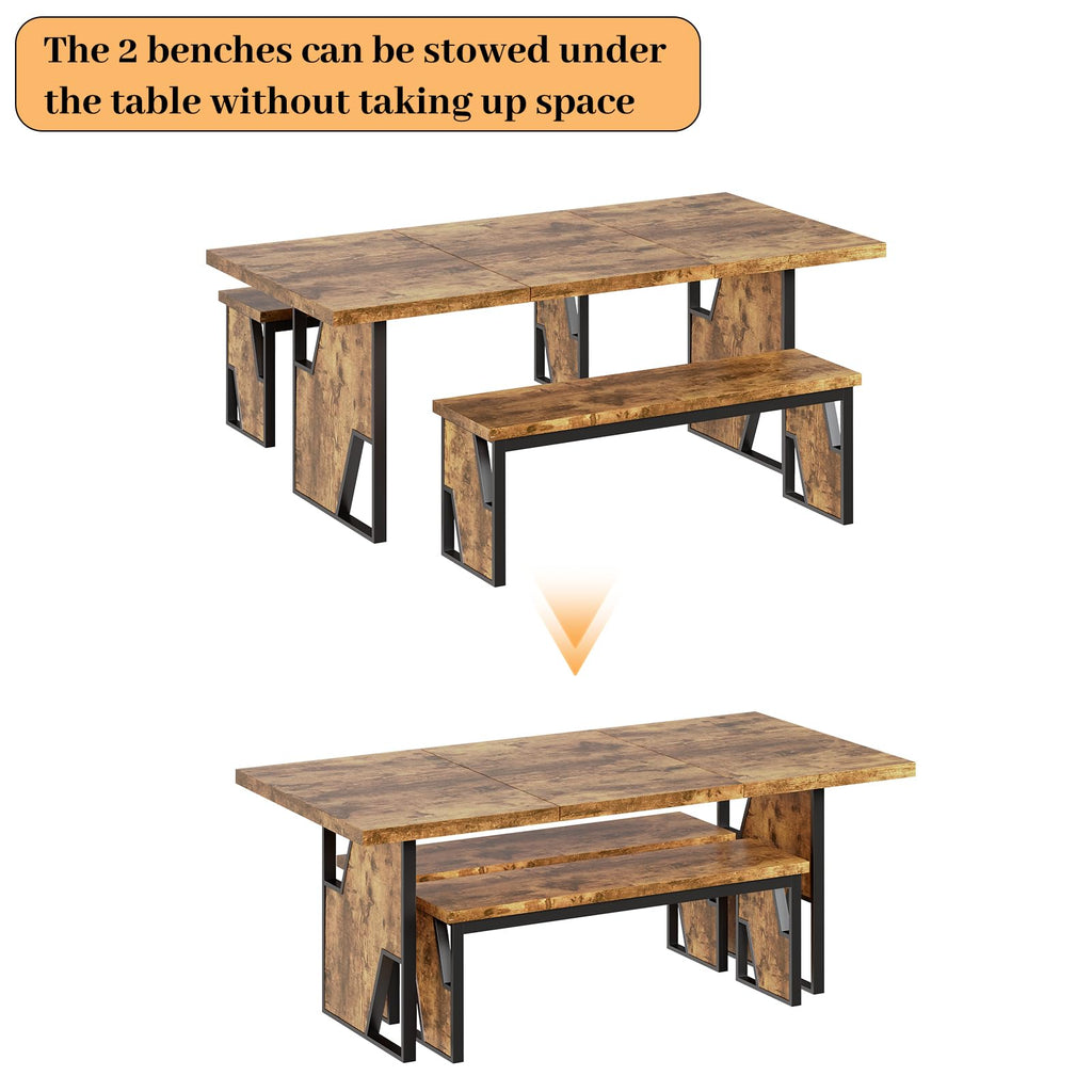70.8" Wooden Dining Table with 2 Benches Kitchen Table and Chairs