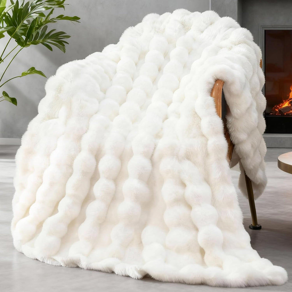 Faux Fur Throw Blanket, 1000 GSM Cozy Fuzzy Fluffy Soft Plush Thick Bubble Blanket, Mothers Day Birthday Gifts for