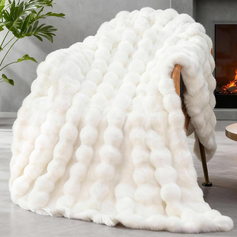 Faux Fur Throw Blanket, 1000 GSM Cozy Fuzzy Fluffy Soft Plush Thick Bubble Blanket, Mothers Day Birthday Gifts for