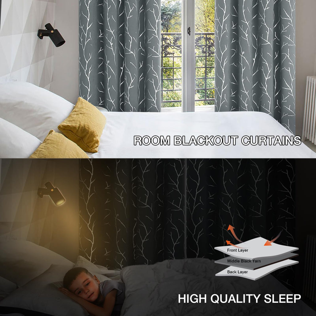 Blackout Curtains 84 Inch Length 2 Panels Set, Grey Curtains, Foil Tree Branches Print Geometric Grommet Top Drapes