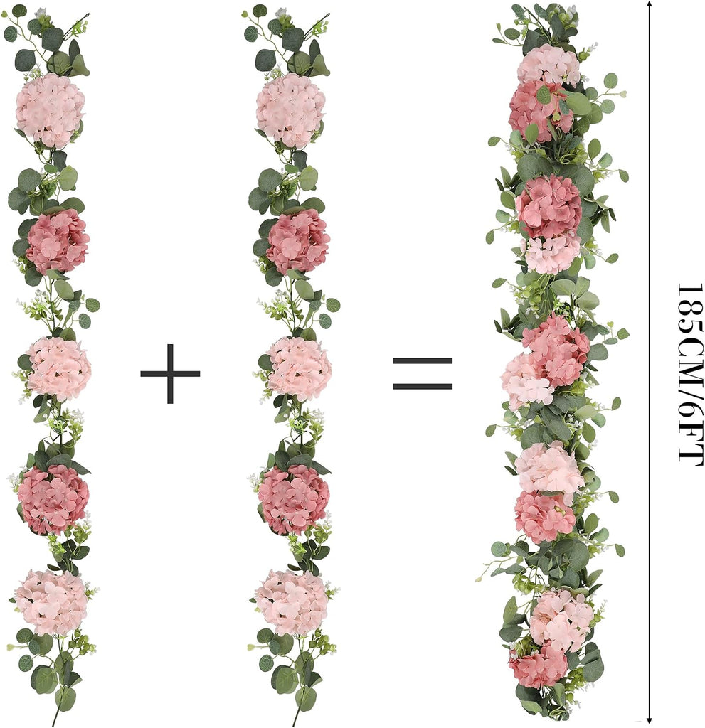 Artificial Hydrangea Flower Garland with Eucalyptus & Baby's Breath 6FT Floral Vines Greenery Garland for Mantel - Set of 2
