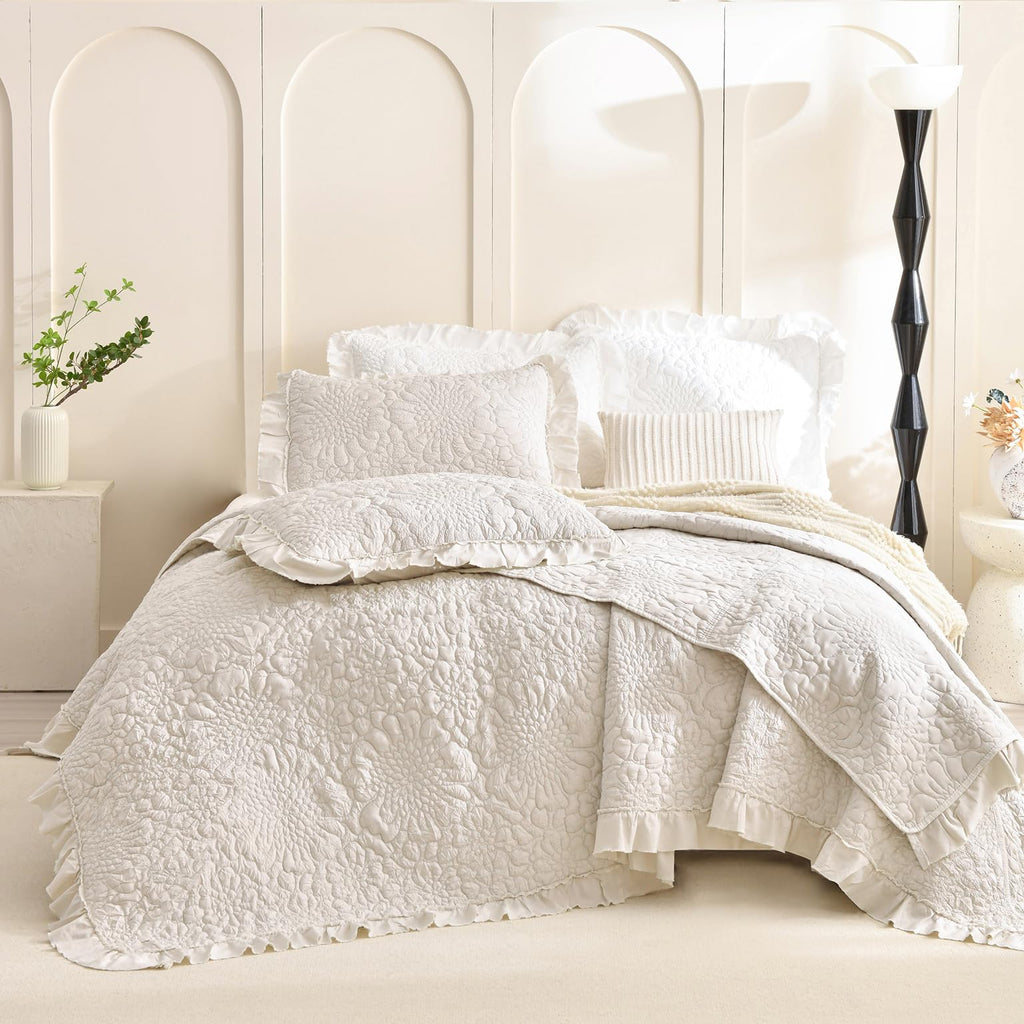 Wheat Quilt Sets, Stone-Washed Lightweight Ruffle Coverlet, 3Pcs Quilted Crinkled Shabby Bedspread Set