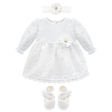 Baby Girls' Lace Floral Embroidered Dress with Matching Shoes Christening Baptism Dress (, White)