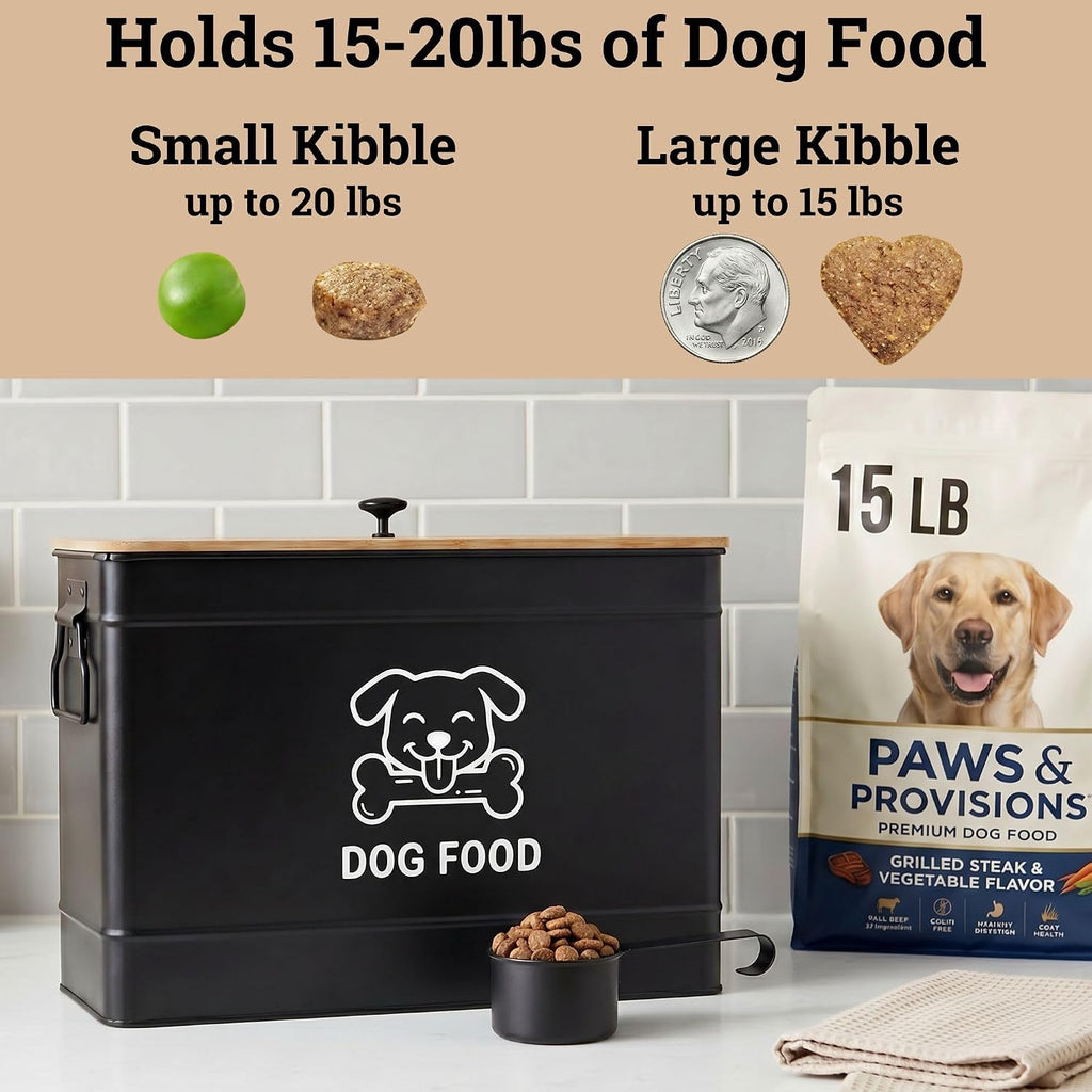 Metal Dog Food Container 15-20 lbs w/ Airtight Bamboo Lid, 70 Cup Capacity