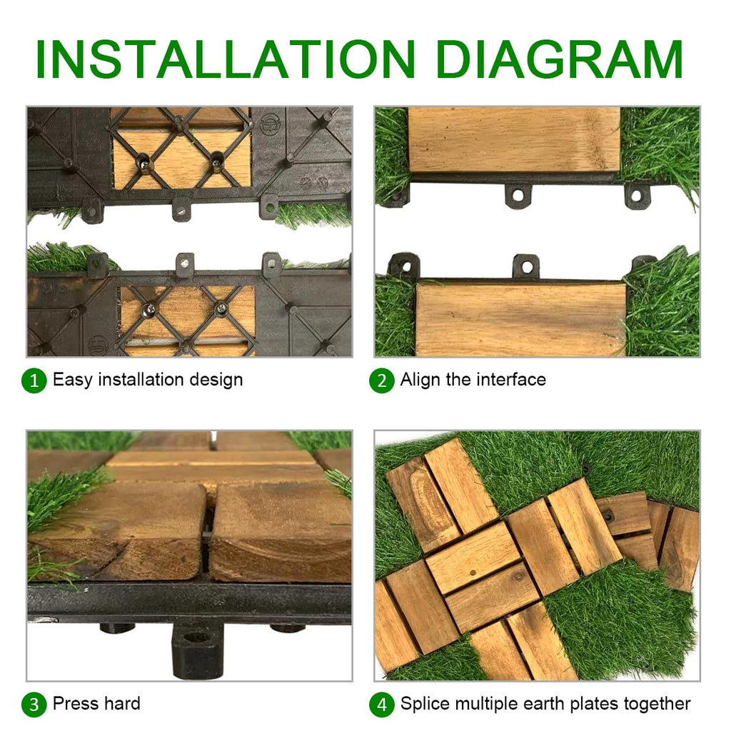 Artificial Grass with Acacia Wood Deck Tiles 10PCS 12''x12'' Interlocking Deck Tiles,Patio Deck Tiles, Wood Deck Tiles