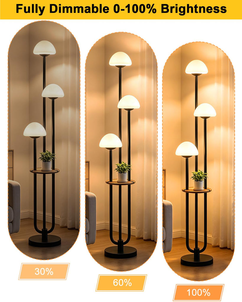 3 Light Mushroom Floor Lamp with Shelf, Dimmable Black Floor Lamp with Bulbs Included, 3000K Warm White Modern
