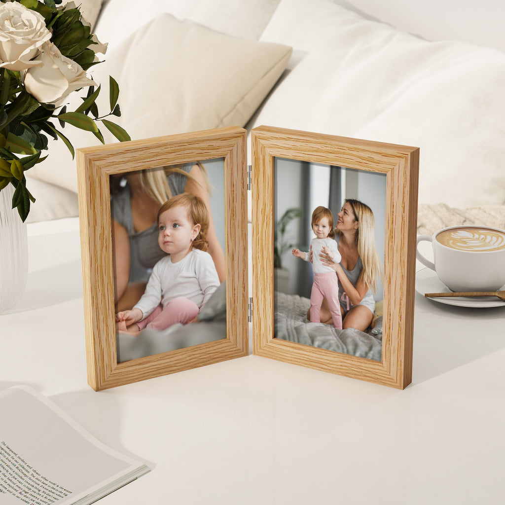 4x6 Double Picture Frame - Solid Oak Wood Vertical Hinged 4x6 Photo Frame 2 Opening Folding Family Frames Collage
