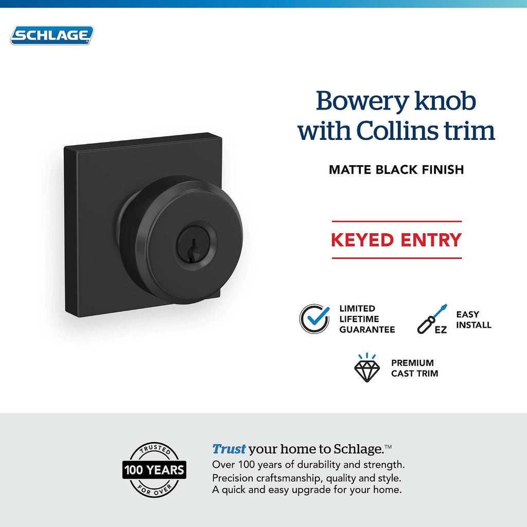 BWE 622 COL Bowery Door Knob with Collins Trim, Keyed Entry Lock, Matte Black
