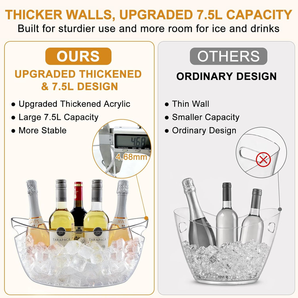 7.5L Ice Buckets for Parties , Upgraded Thickened Acrylic Ice Bucket Set with 2 Scoops,Large Clear Beverage Tub - Set of 2
