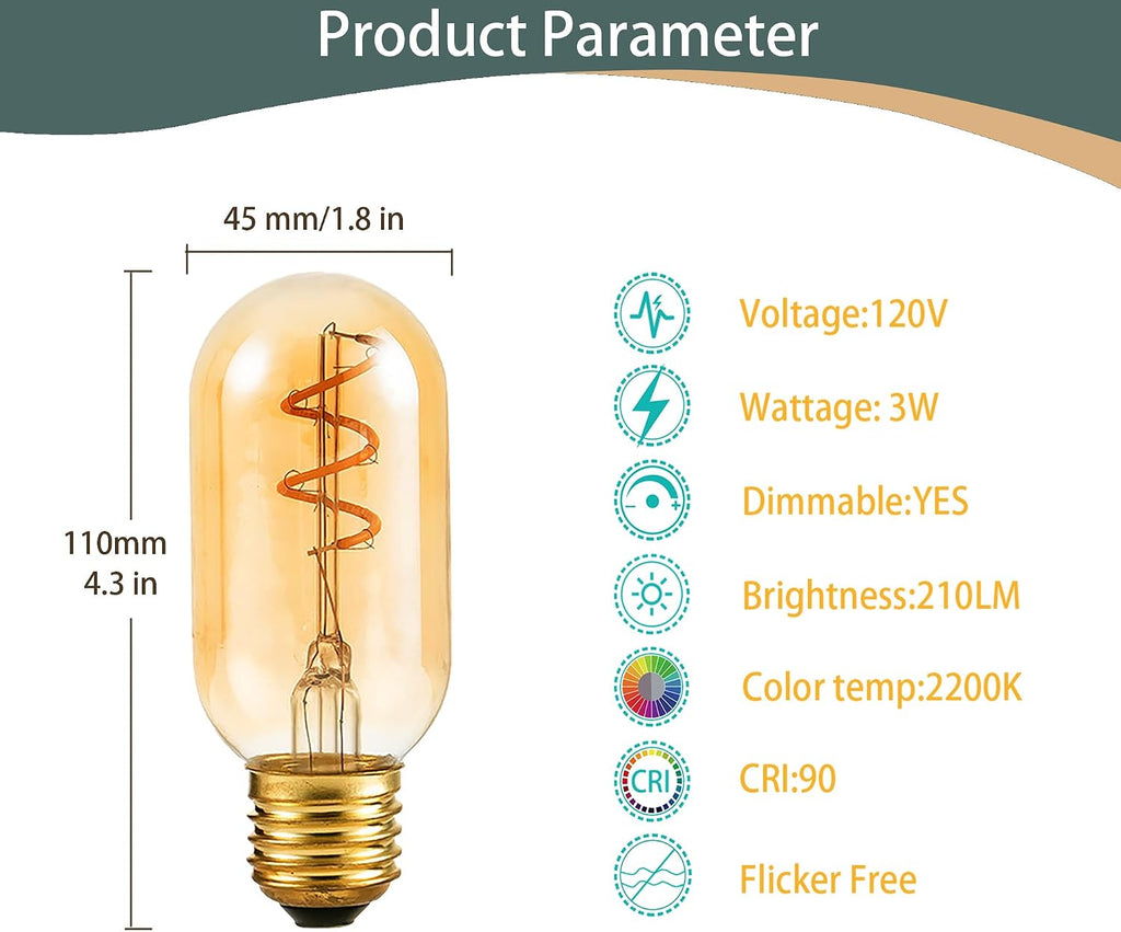 T14 Vintage LED Edison Bulbs, 3W (25W Equivalent), Amber Glass T45 LED Light Bulb,E26 Base, 2200K Warm White,120V