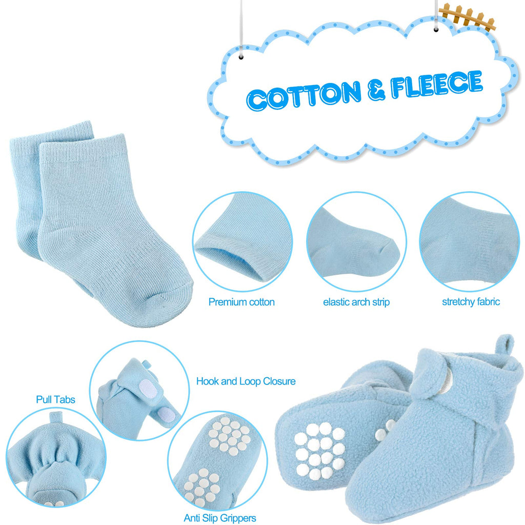 3 Pairs Fleece Baby Booties, Blue, Gray, Brown
