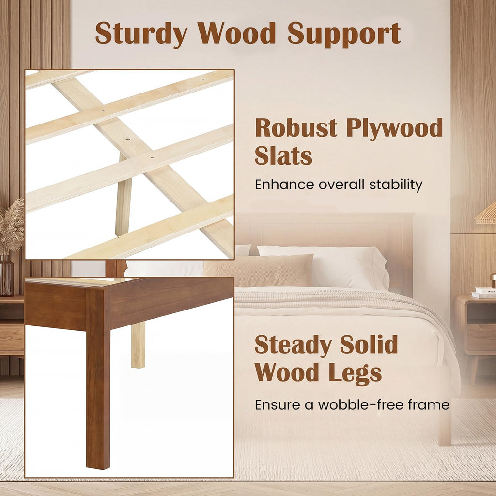 Full Size Bed Frame, Farmhouse Wooden Platform Bed with Headboard