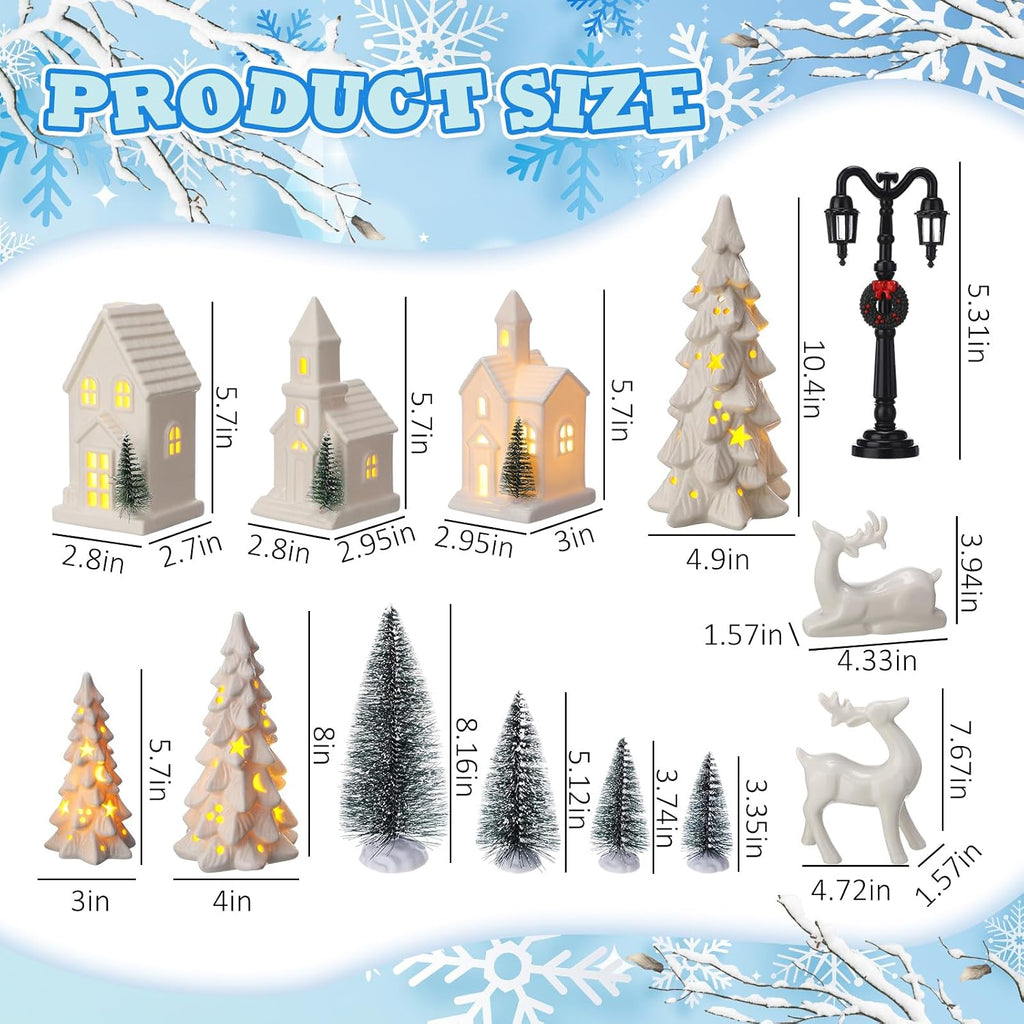 14 Pcs LED Christmas Village Houses Set Ceramic White with Trees