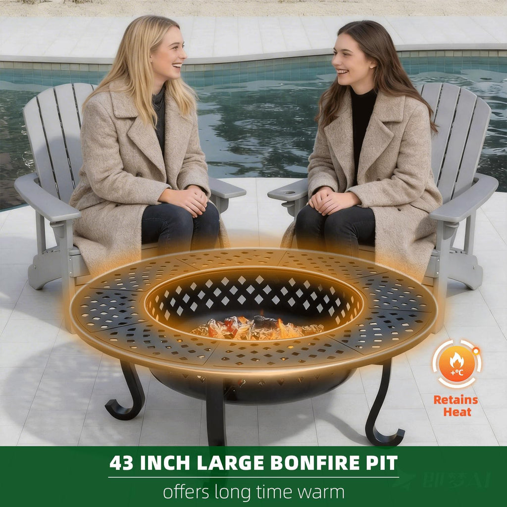 43 Inch Fire Pit with 2 Grill, Outdoor Wood Burning Firepit with Lid, Metal Round Table