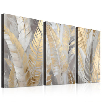 Set of 3 Wall Art, Modern Gold and Grey Feather Canvas Prints Pictures, Large Framed Canvas Art, Three Piece Wall
