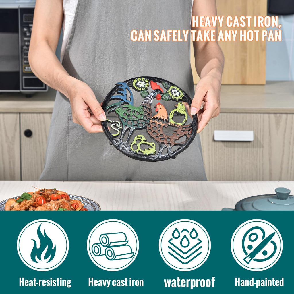 Cast Iron Trivet for Wood Stove - Dia-8.1 Inch Rustproof Round Stands for Hot Pots/Dishes/Pans - Decorative Metal