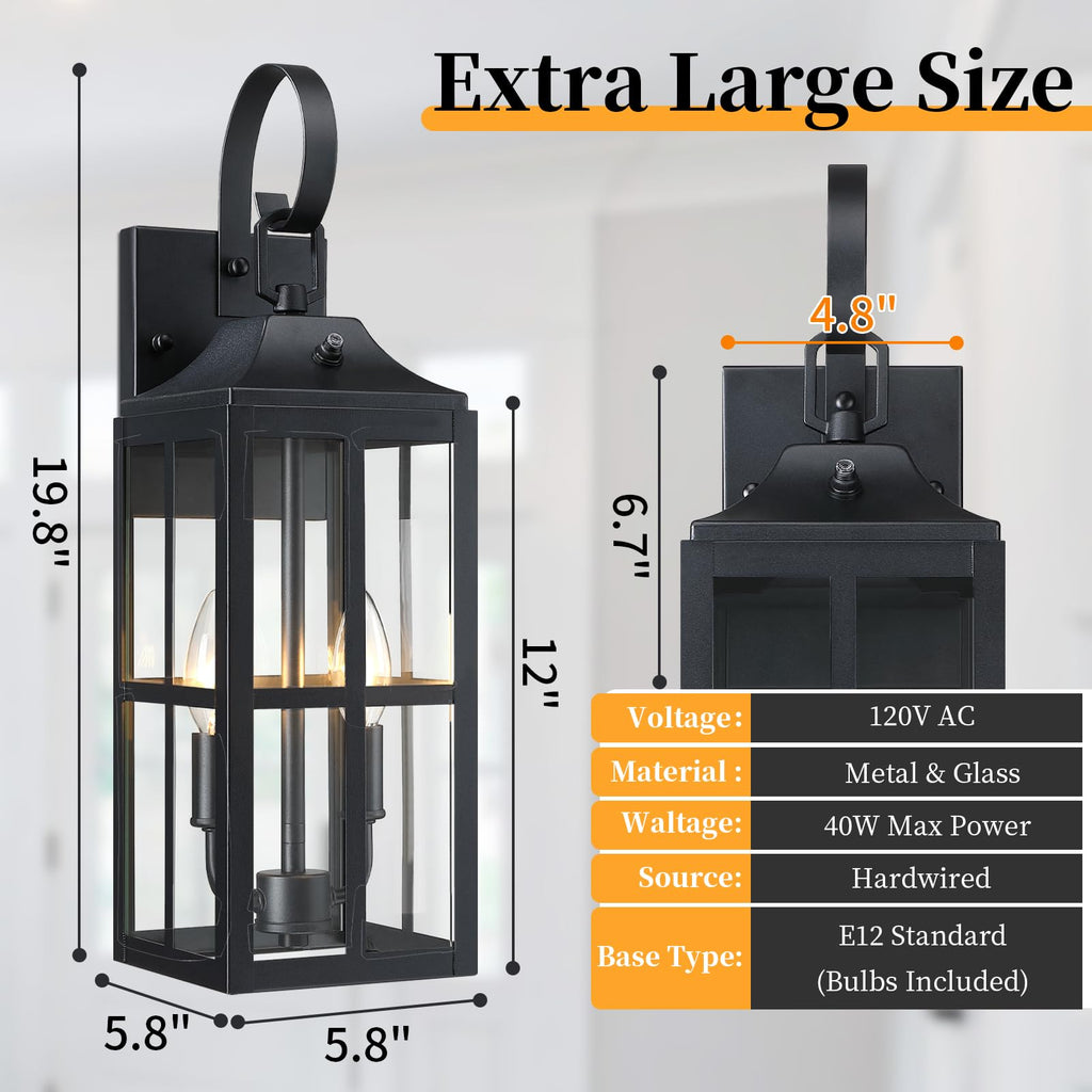 2 Pack 19" Large Outside Modern Wall Sconce Light Fixture, Industrial Porch Light Wall Mount with Glass, Waterproof