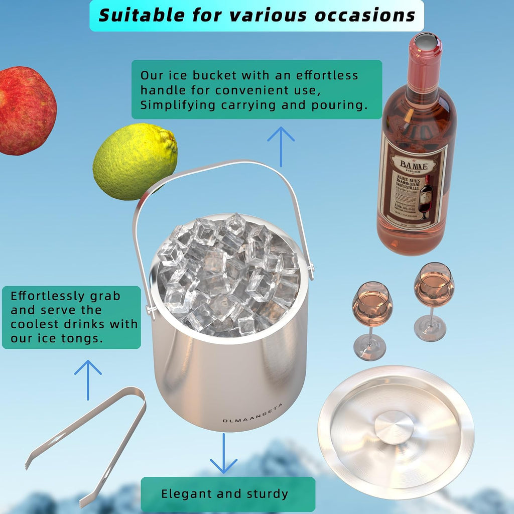 Stainless Steel Ice Bucket For Parties With Lid And Ice Tongs,Insulated Wine Bucket With Strainer Keeps Drinks Cold