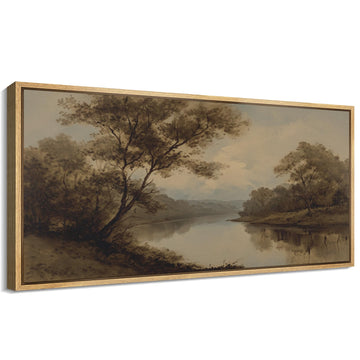 Extra Large Framed Canvas Print Wall Art Vintage Riverbank Tree Landscape Muted Earth Tone Nature Illustrations