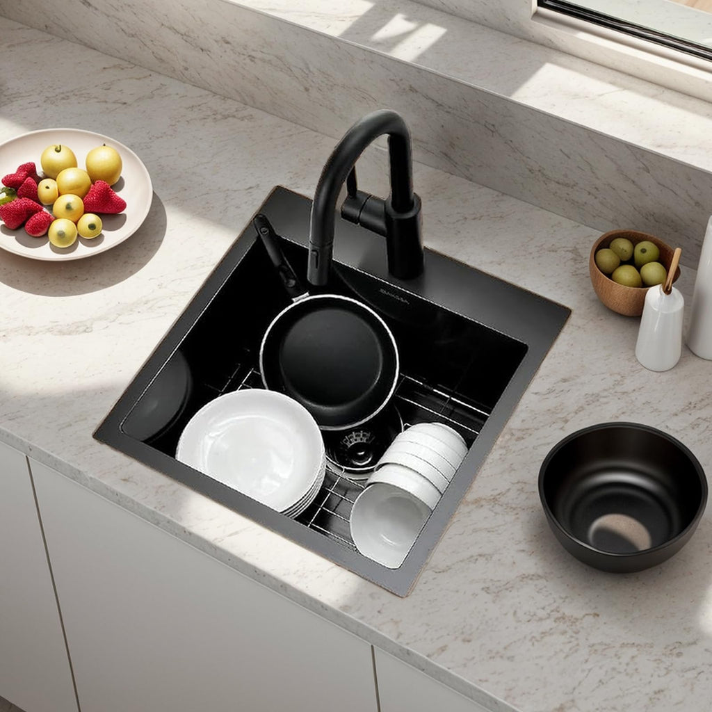 18x18 Inch Drop in Black Bar Sink, Top Mount Handmade 16 Gauge Stainless Steel Small Black Kitchen Sink, 9 Inch Deep