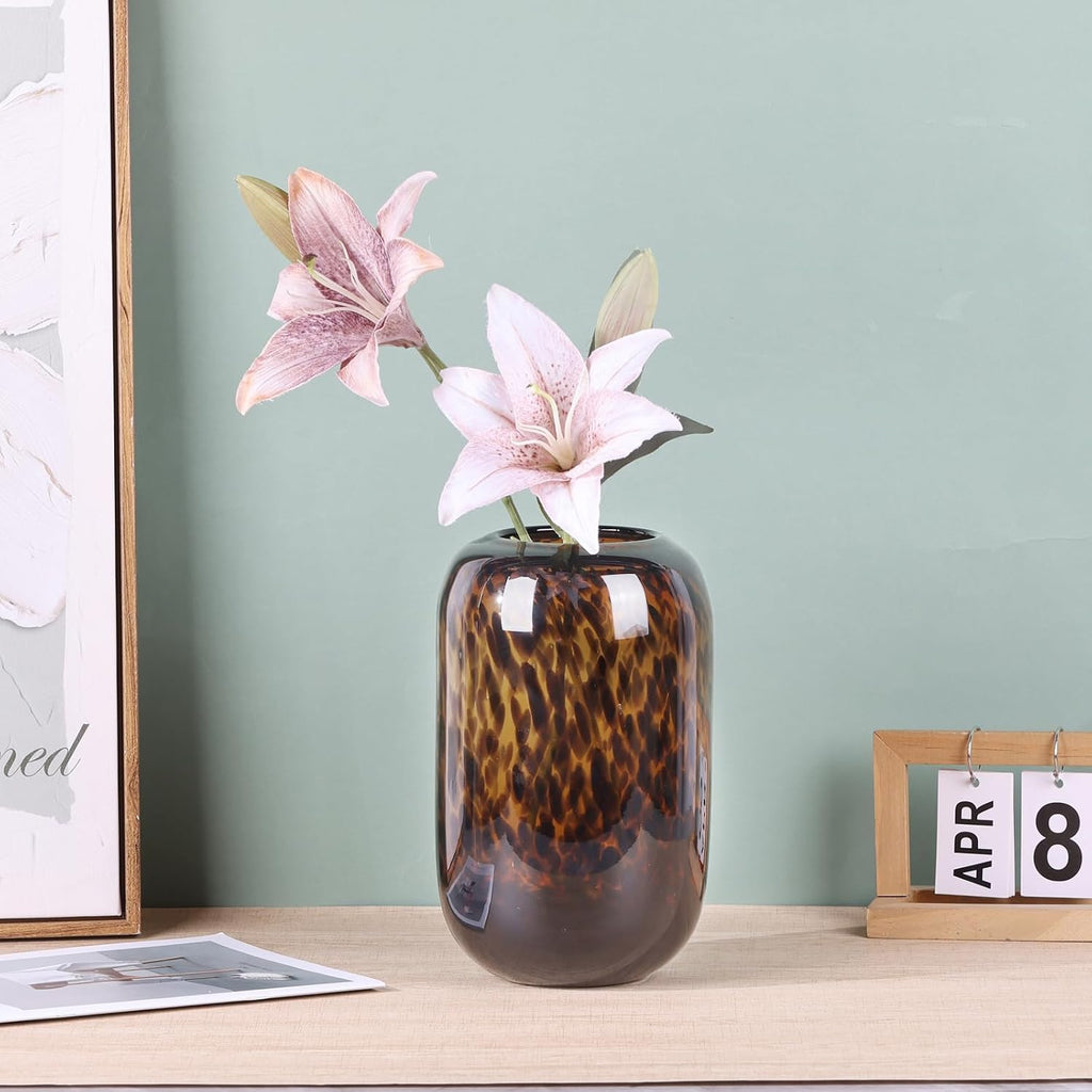 Amber Brown Glass Vase - Round Art Glass Vase with Tortoise Shell Pattern, Hand Blown Wide Mouth Decorative