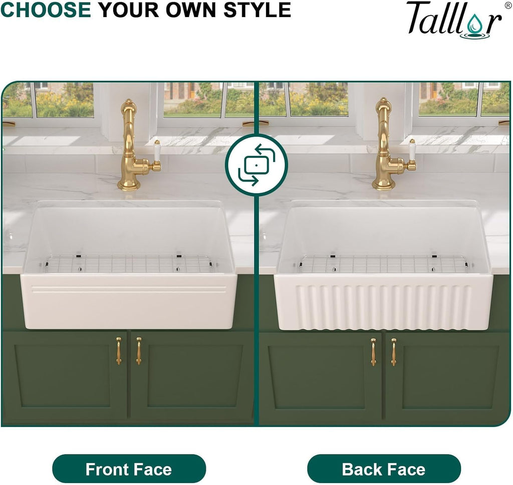 30 Inch Reversible White Farmhouse Sink - Country Style Fireclay Apron Front Farmhouse Kitchen Sink 30x18x10 Ceramic