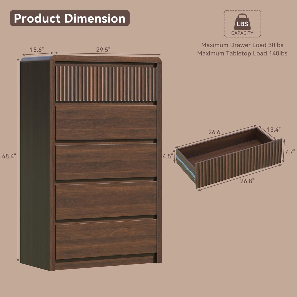 Fluted 5 Drawer Dresser, 48" Tall Modern Dresser & Chest of Drawers with Curved Profile Design, Wood Mid Century