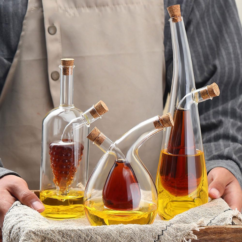 Oil and Vinegar Dispenser Set, 2 in 1 Olive Oil and Vinegar Cruet Dispenser Bottle with Cork Stoppers, Transparent