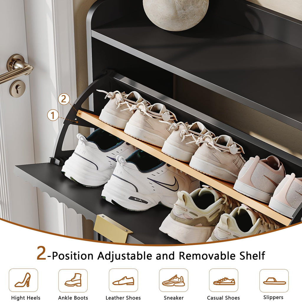 Black Fluted Slim Shoe Cabinet Storage with 3 Flip Drawers