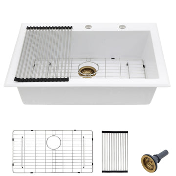 33"×22" Granite Composite Kitchen Sink - Drop-In Top Mount White Granite Quartz Classic Above Counter Single Bowl