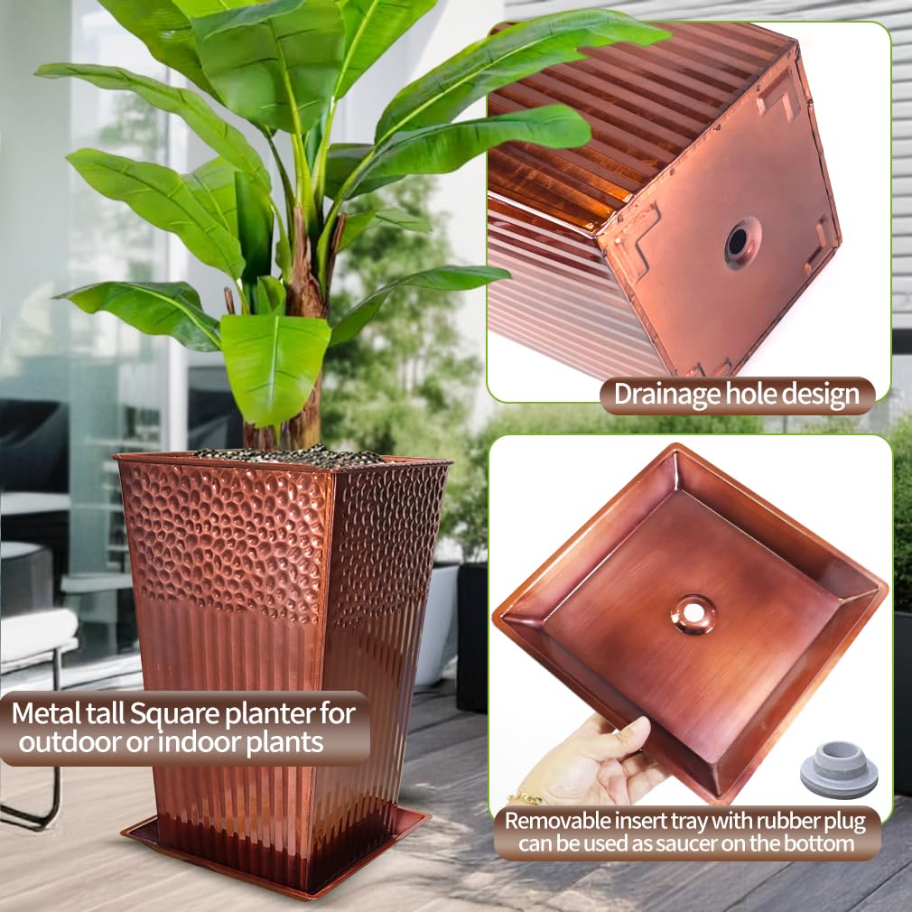 2 Pcs Pack Metal Tall Tapered Planter Pots Steel Large Square Planter Flower Pot with Drainage Holes for Indoor