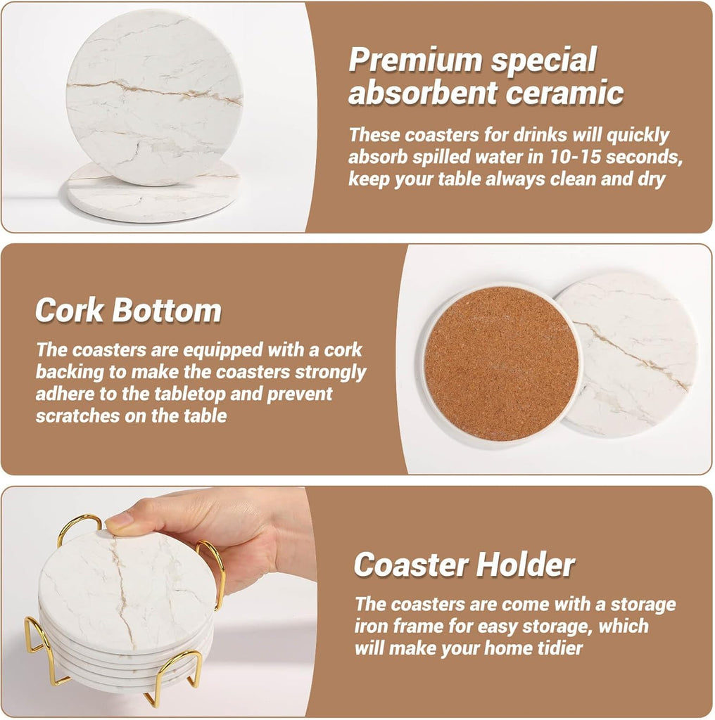 Drink Coasters with Holder for Coffee Table, Absorbent Coasters, Marble Style Ceramic Coaster for Wooden - Set of 6