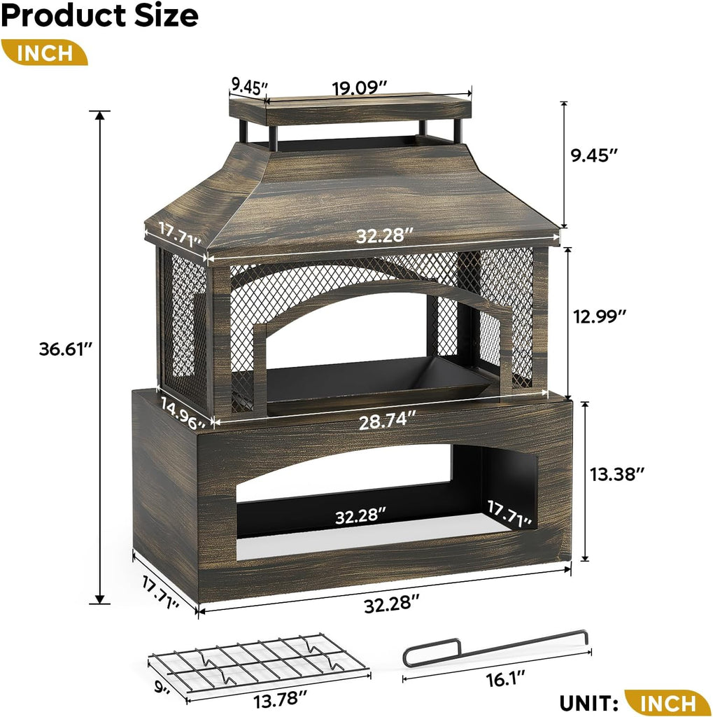 37" Fire Pits, Wood Burning Fireplace for Outside Rectangular Chiminea Outdoor Firepits with Poker, Wood Storage