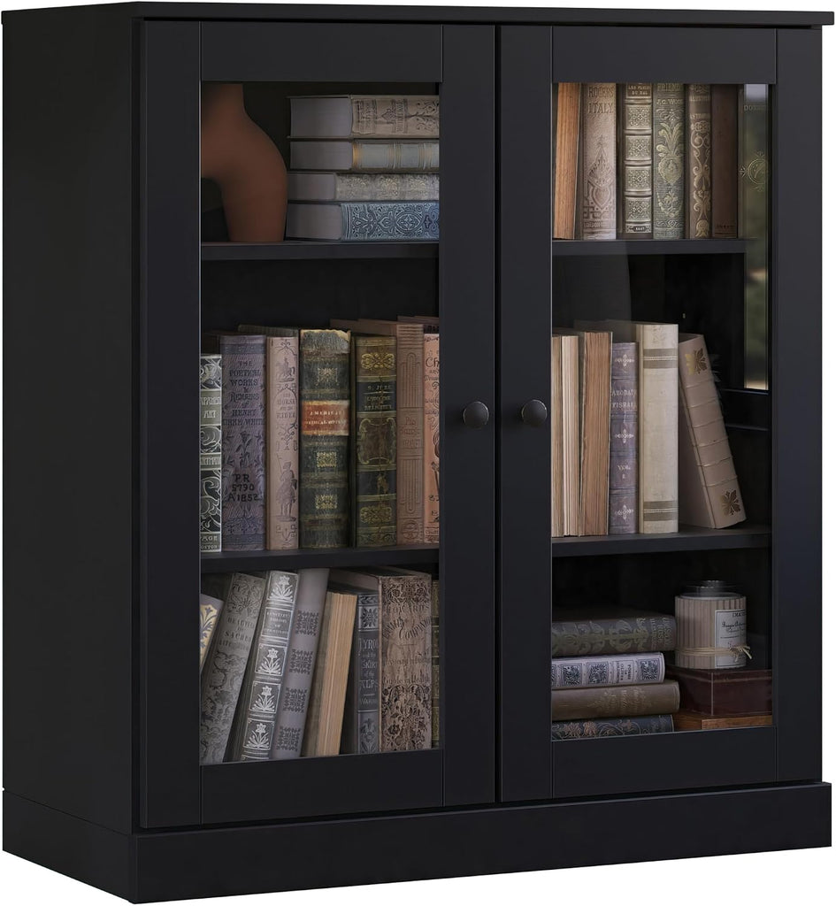 Solid Wood Bookcase - 32" Wide x 36" Short - Black, Wooden Bookshelf - Small Display Cabinet, Bookcase with Glass