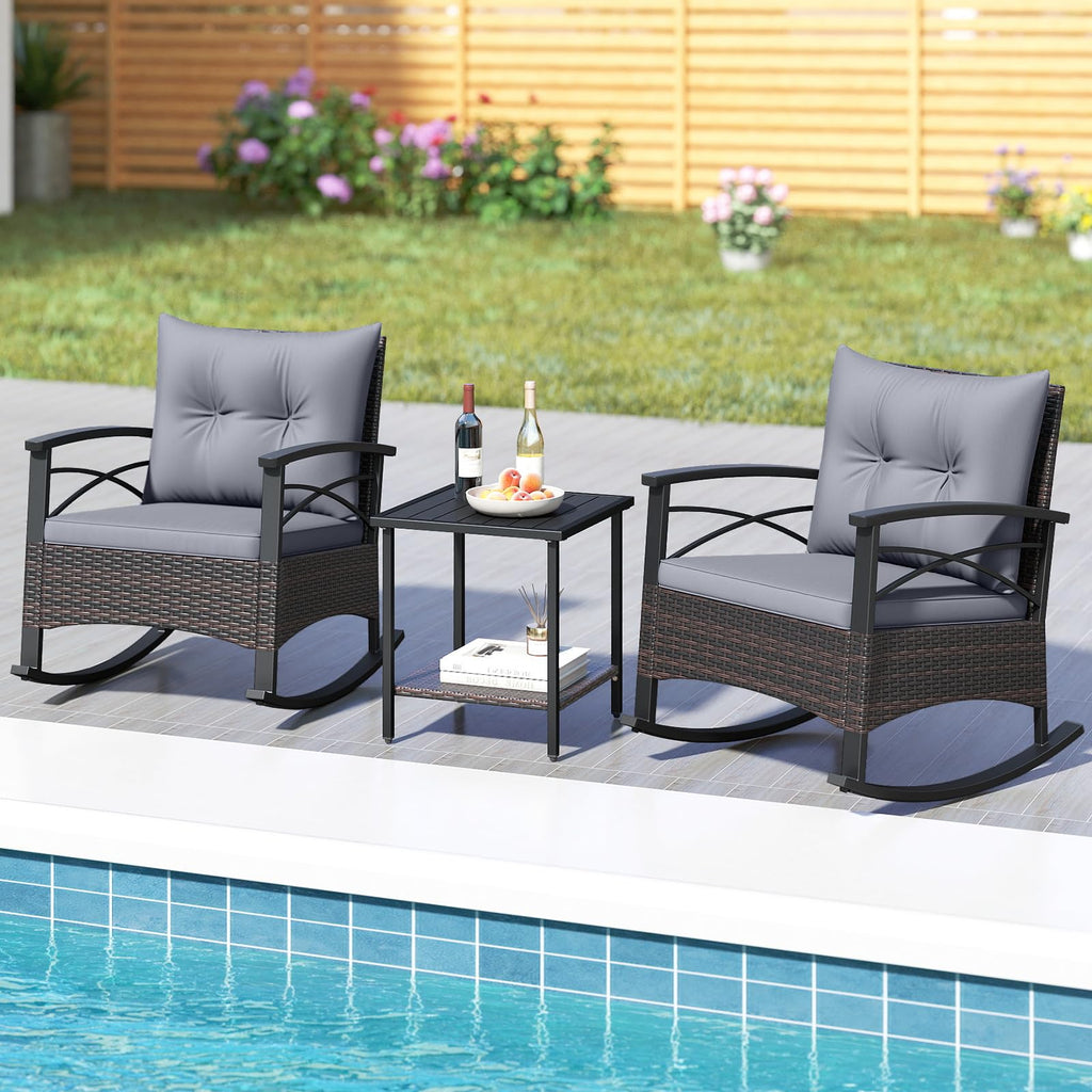 3 Pieces Wicker Outdoor Rocking Chairs Set